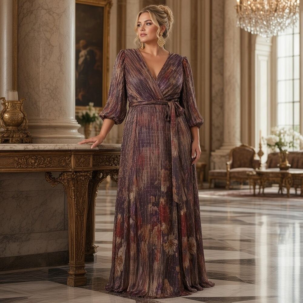 Jessica Howard 18W NWT Metallic Earth‑Tone Abstract Faux Wrap Maxi Dress